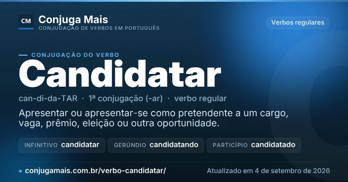 Cartão do verbo candidatar com definição, formas principais, endereço da página e data de atualização.