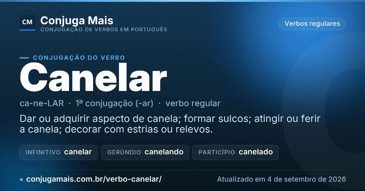Cartão do verbo canelar com definição, formas principais, endereço da página e data de atualização.