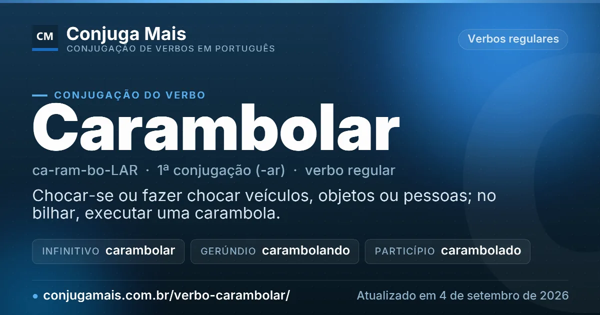 Cartão do verbo carambolar com definição, formas principais, endereço da página e data de atualização.