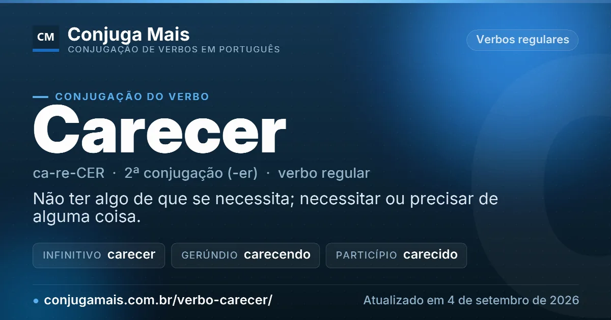Cartão do verbo carecer com definição, formas principais, endereço da página e data de atualização.