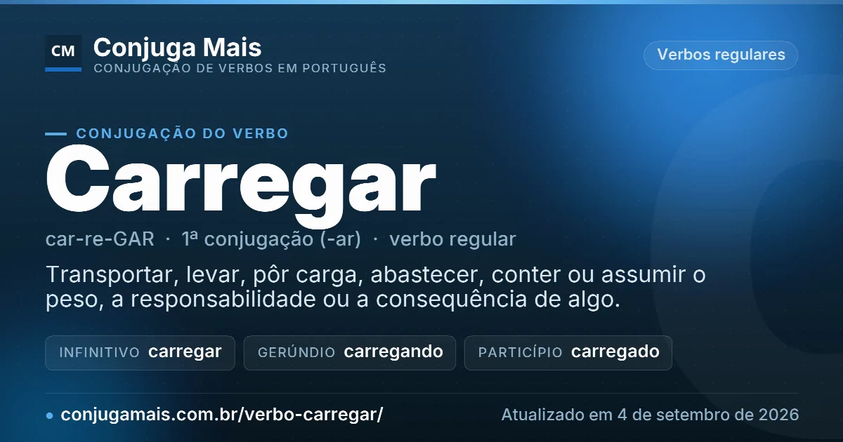 Cartão do verbo carregar com definição, formas principais, endereço da página e data de atualização.