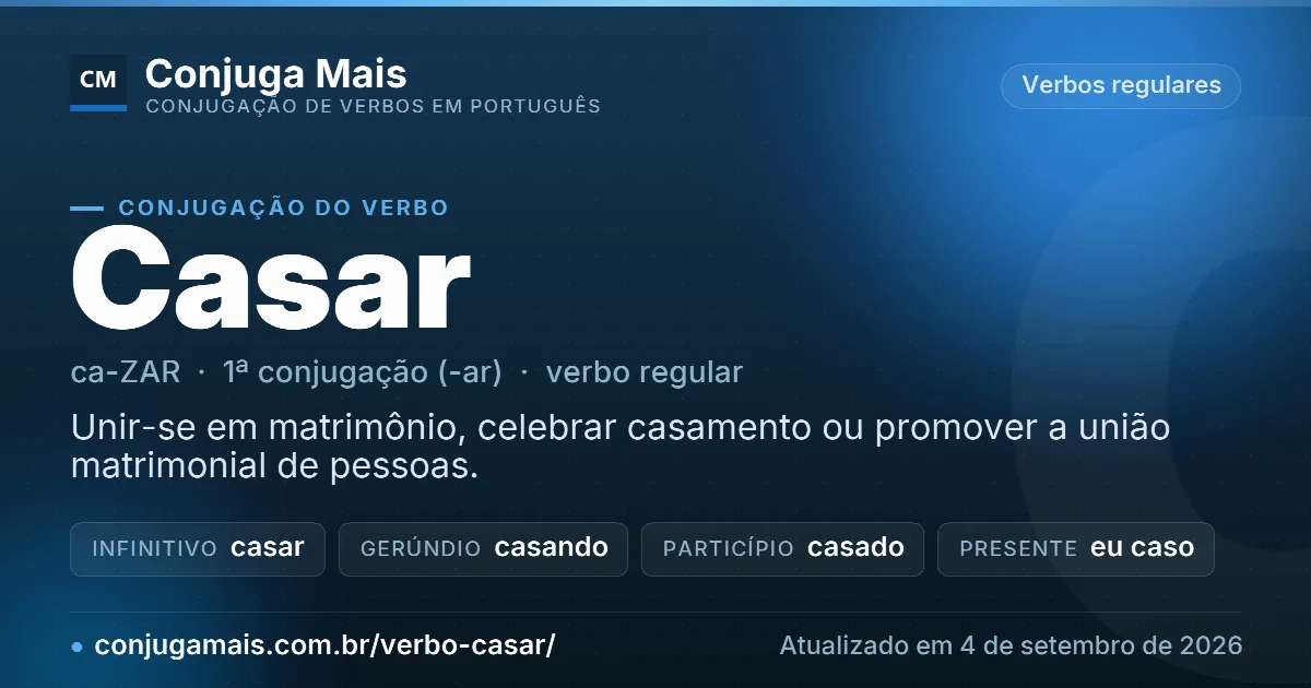Cartão do verbo casar com definição, formas principais, endereço da página e data de atualização.