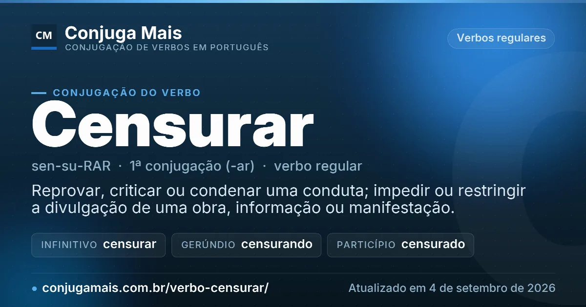 Cartão do verbo censurar com definição, formas principais, endereço da página e data de atualização.