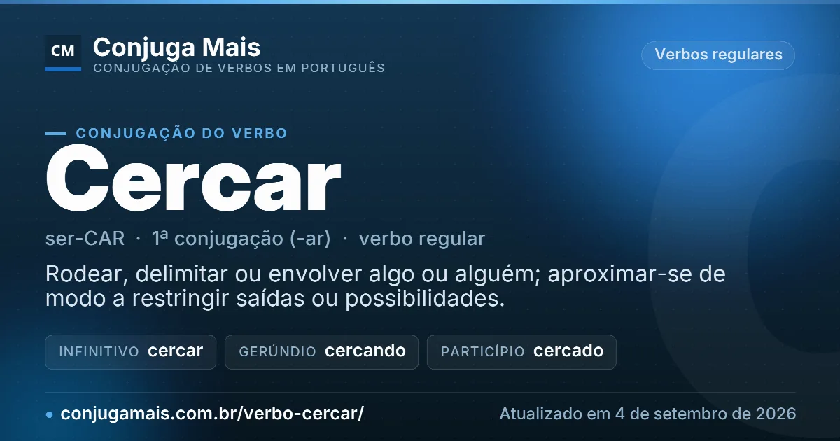 Cartão do verbo cercar com definição, formas principais, endereço da página e data de atualização.
