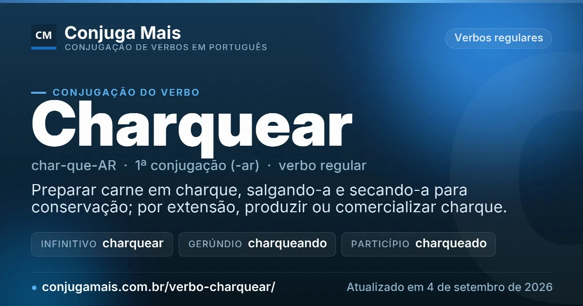 Cartão do verbo charquear com definição, formas principais, endereço da página e data de atualização.