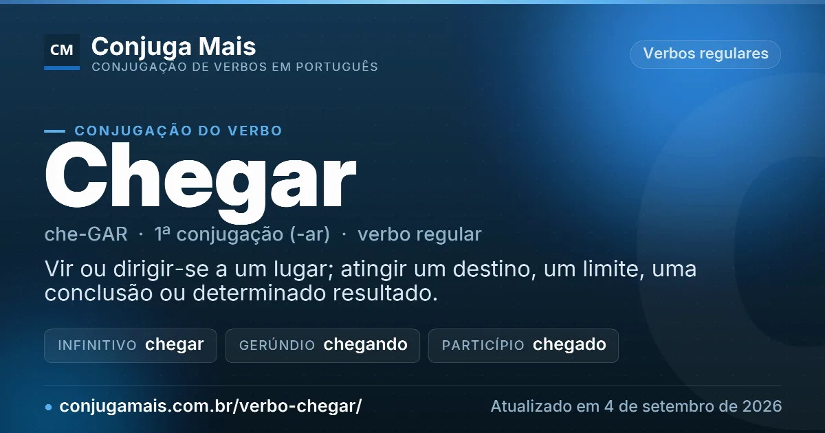 Cartão do verbo chegar com definição, formas principais, endereço da página e data de atualização.