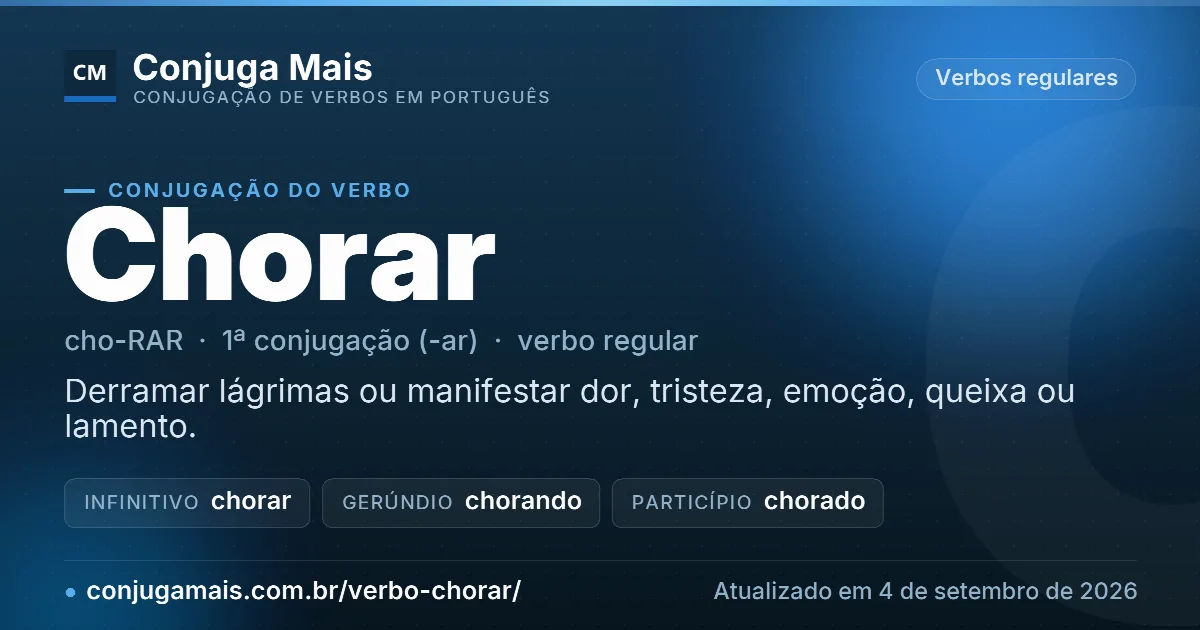 Cartão do verbo chorar com definição, formas principais, endereço da página e data de atualização.