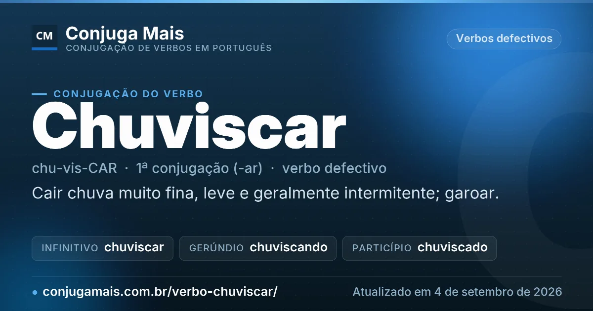 Cartão do verbo chuviscar com definição, formas principais, endereço da página e data de atualização.