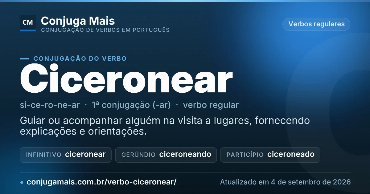 Cartão do verbo ciceronear com definição, formas principais, endereço da página e data de atualização.