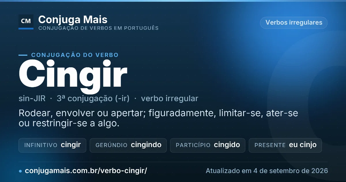 Cartão do verbo cingir com definição, formas principais, endereço da página e data de atualização.