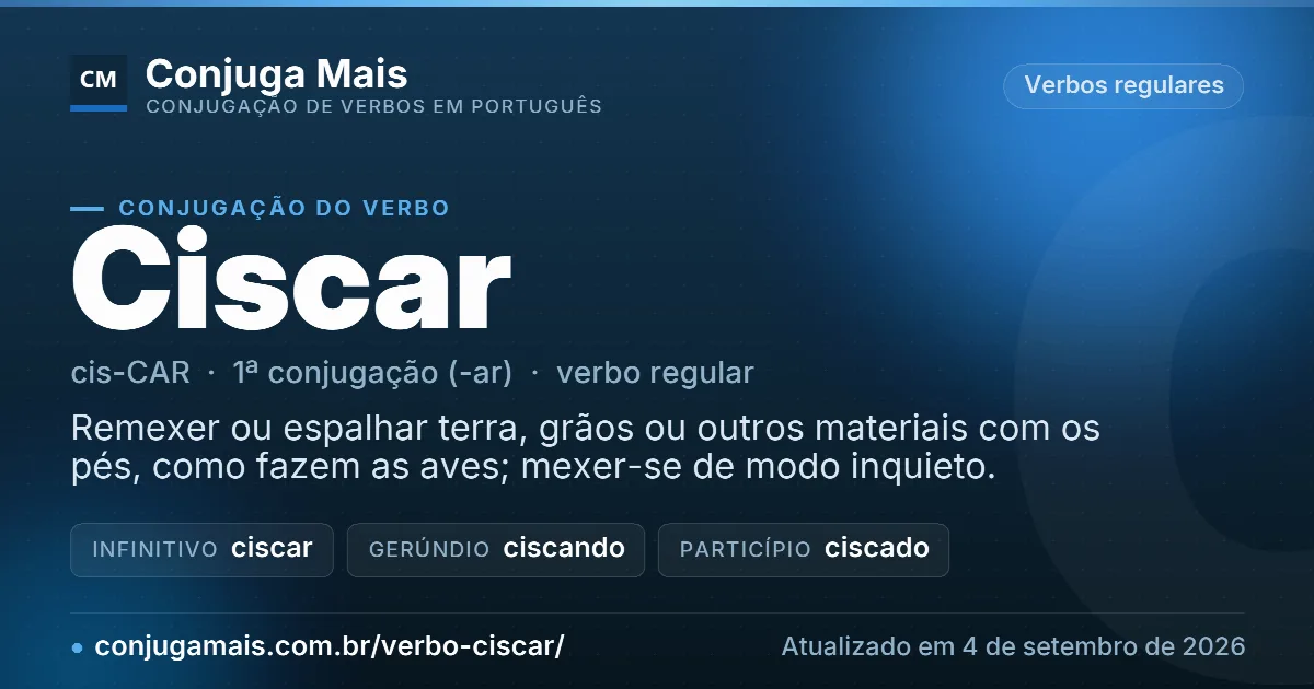 Cartão do verbo ciscar com definição, formas principais, endereço da página e data de atualização.