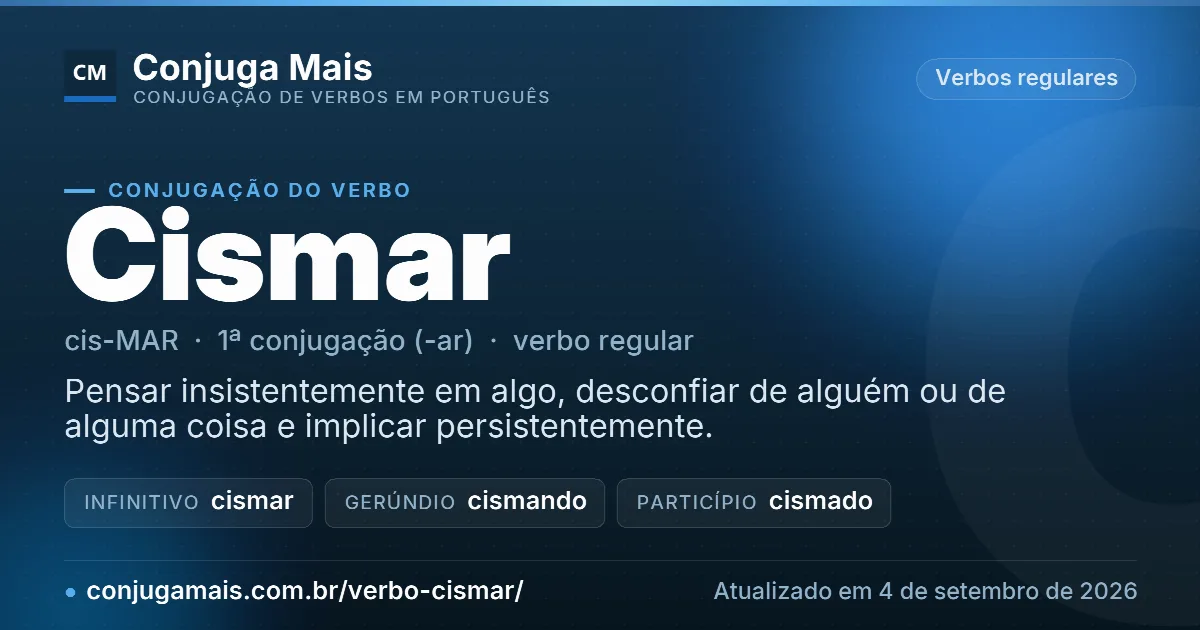 Cartão do verbo cismar com definição, formas principais, endereço da página e data de atualização.
