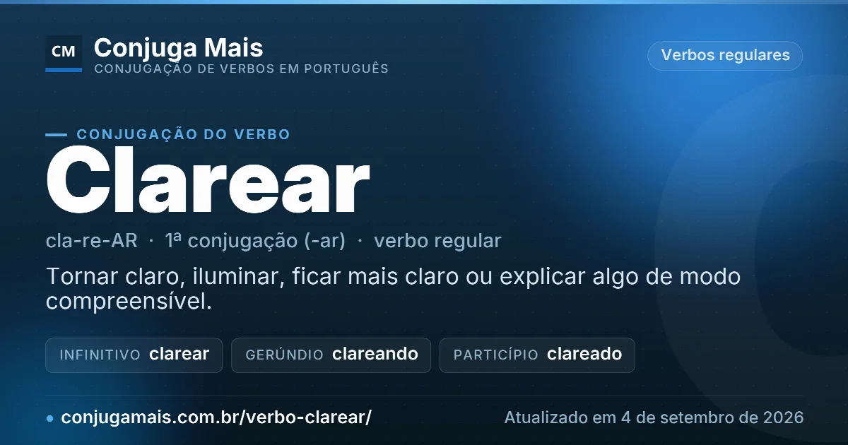 Cartão do verbo clarear com definição, formas principais, endereço da página e data de atualização.