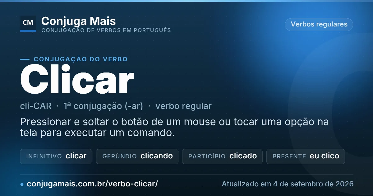 Cartão do verbo clicar com definição, formas principais, endereço da página e data de atualização.