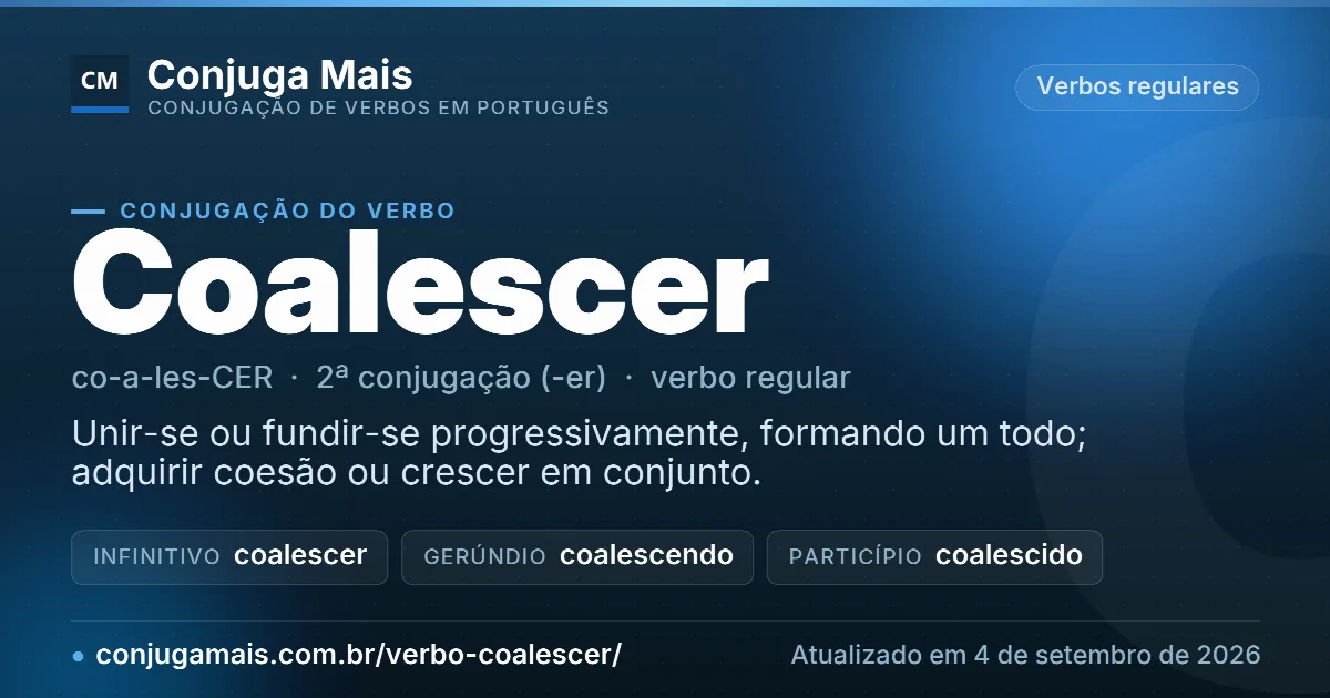 Cartão do verbo coalescer com definição, formas principais, endereço da página e data de atualização.