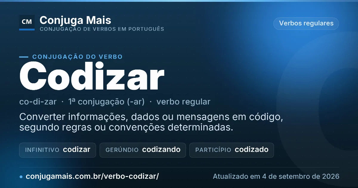 Cartão do verbo codizar com definição, formas principais, endereço da página e data de atualização.