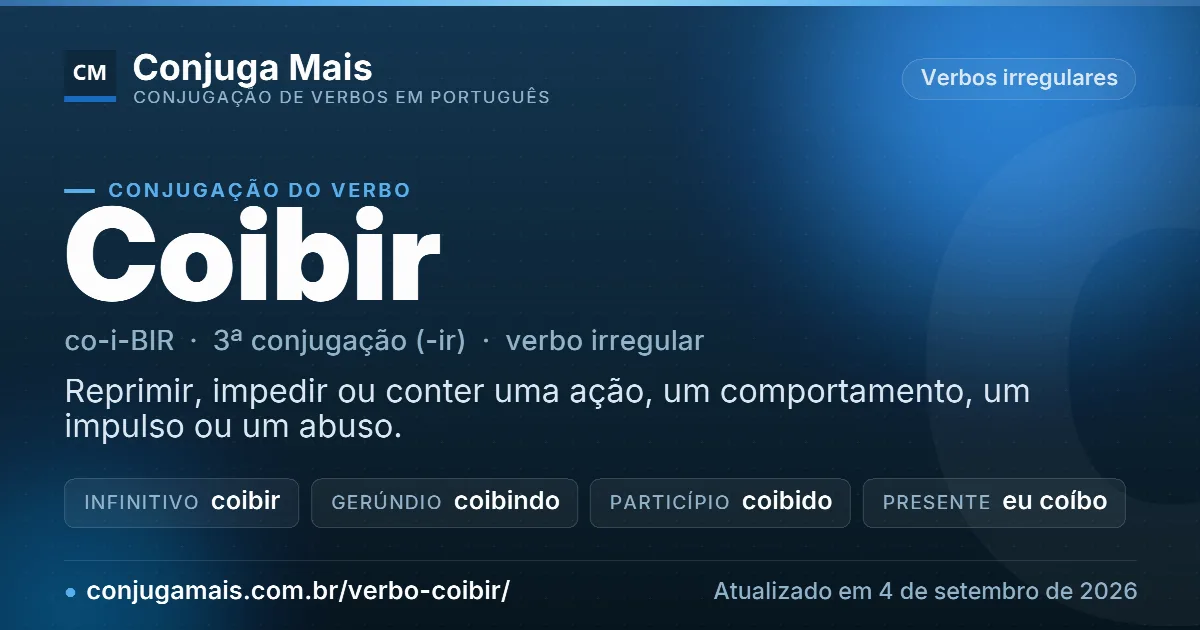 Cartão do verbo coibir com definição, formas principais, endereço da página e data de atualização.