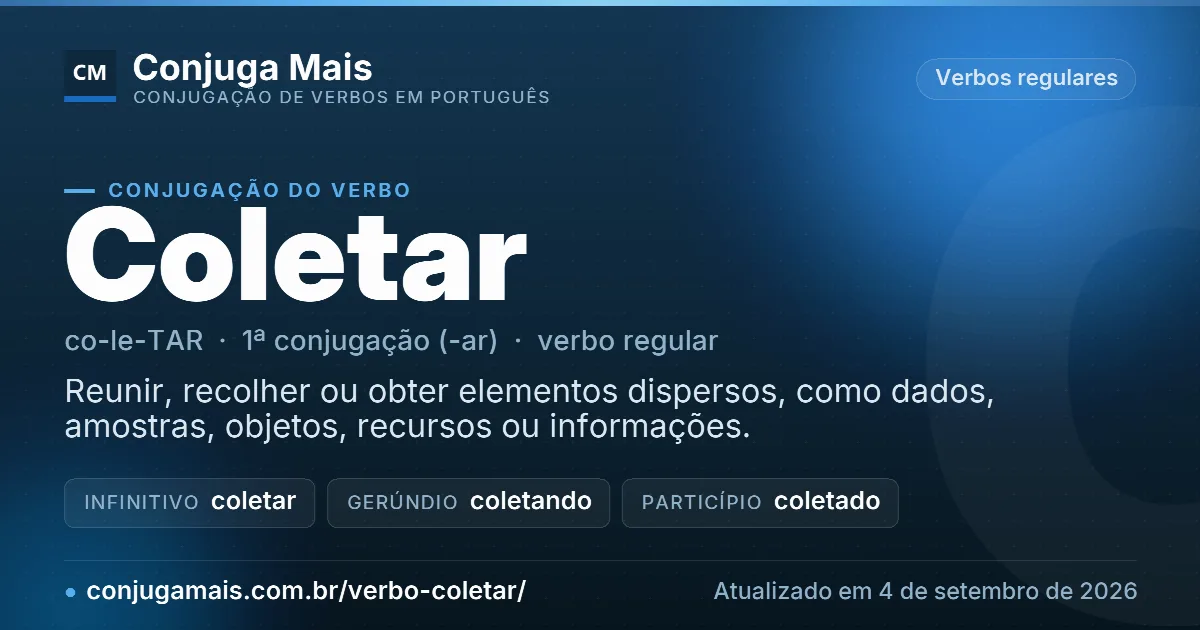 Cartão do verbo coletar com definição, formas principais, endereço da página e data de atualização.