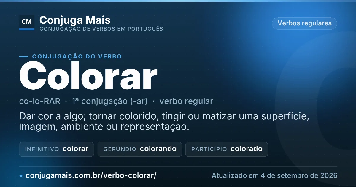 Cartão do verbo colorar com definição, formas principais, endereço da página e data de atualização.