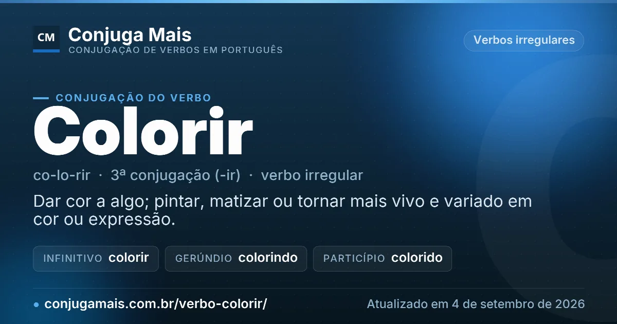 Cartão do verbo colorir com definição, formas principais, endereço da página e data de atualização.
