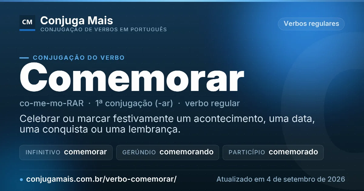 Cartão do verbo comemorar com definição, formas principais, endereço da página e data de atualização.