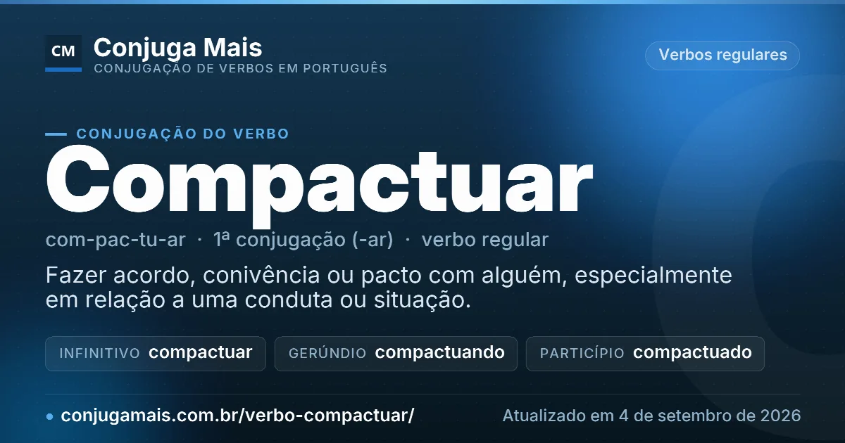 Cartão do verbo compactuar com definição, formas principais, endereço da página e data de atualização.