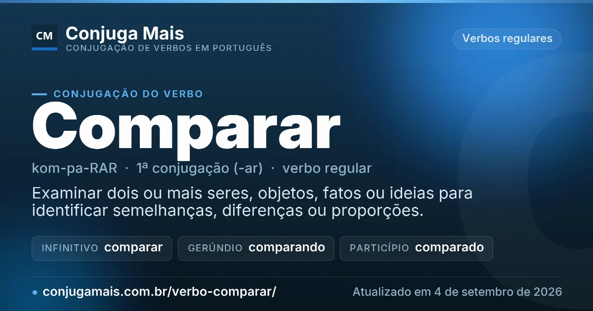 Cartão do verbo comparar com definição, formas principais, endereço da página e data de atualização.
