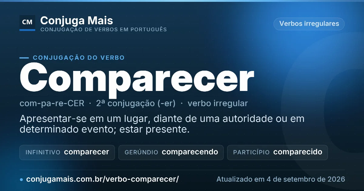Cartão do verbo comparecer com definição, formas principais, endereço da página e data de atualização.