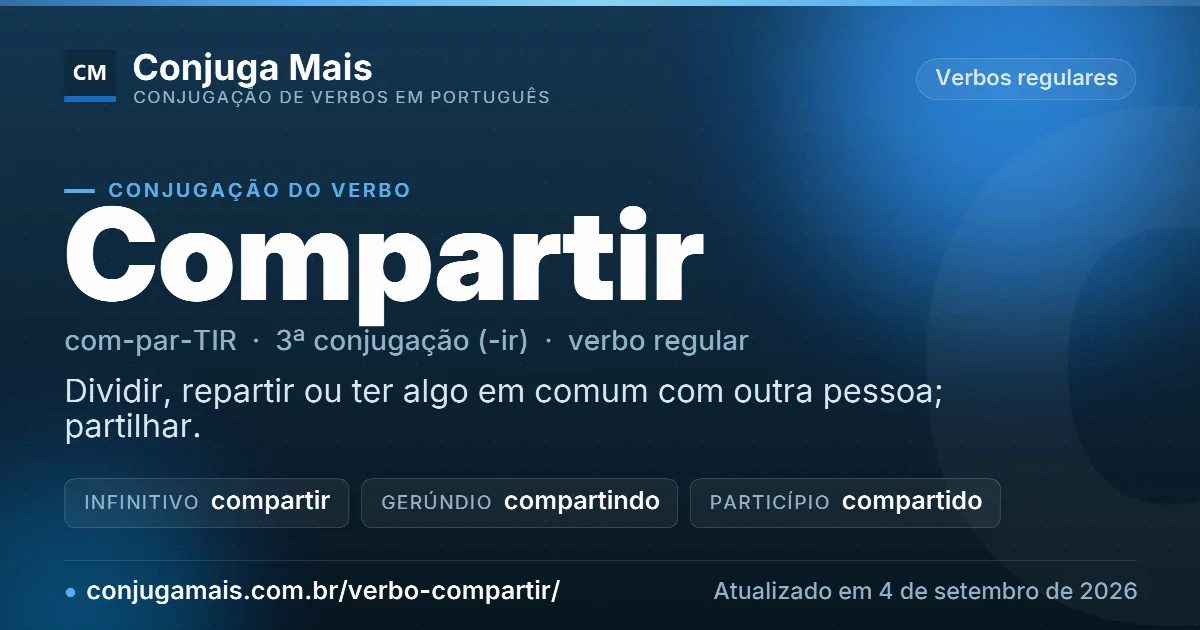 Cartão do verbo compartir com definição, formas principais, endereço da página e data de atualização.
