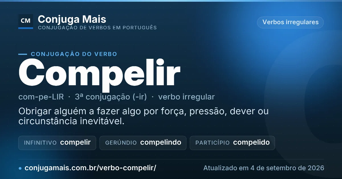 Cartão do verbo compelir com definição, formas principais, endereço da página e data de atualização.
