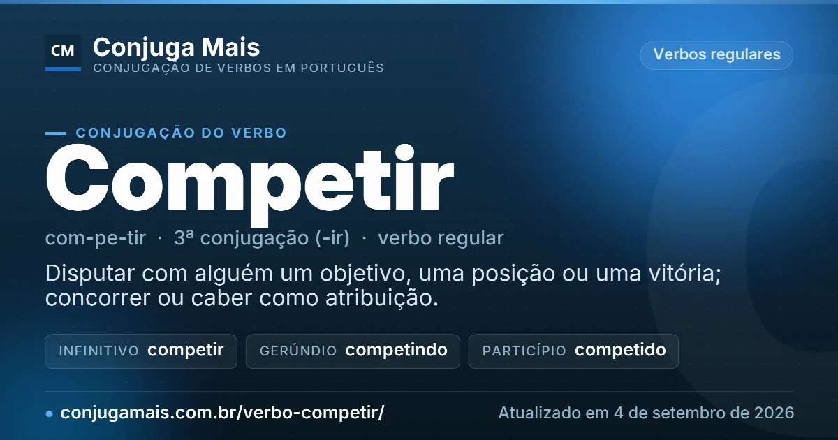 Cartão do verbo competir com definição, formas principais, endereço da página e data de atualização.