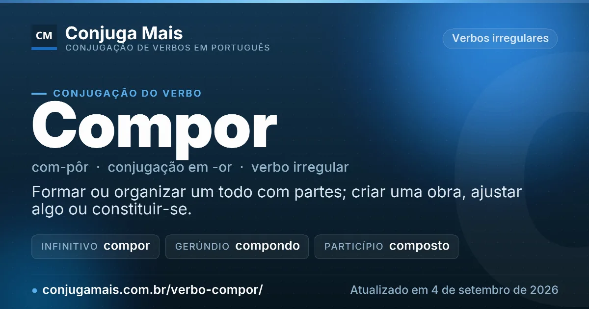 Cartão do verbo compor com definição, formas principais, endereço da página e data de atualização.