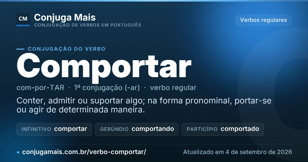 Cartão do verbo comportar com definição, formas principais, endereço da página e data de atualização.