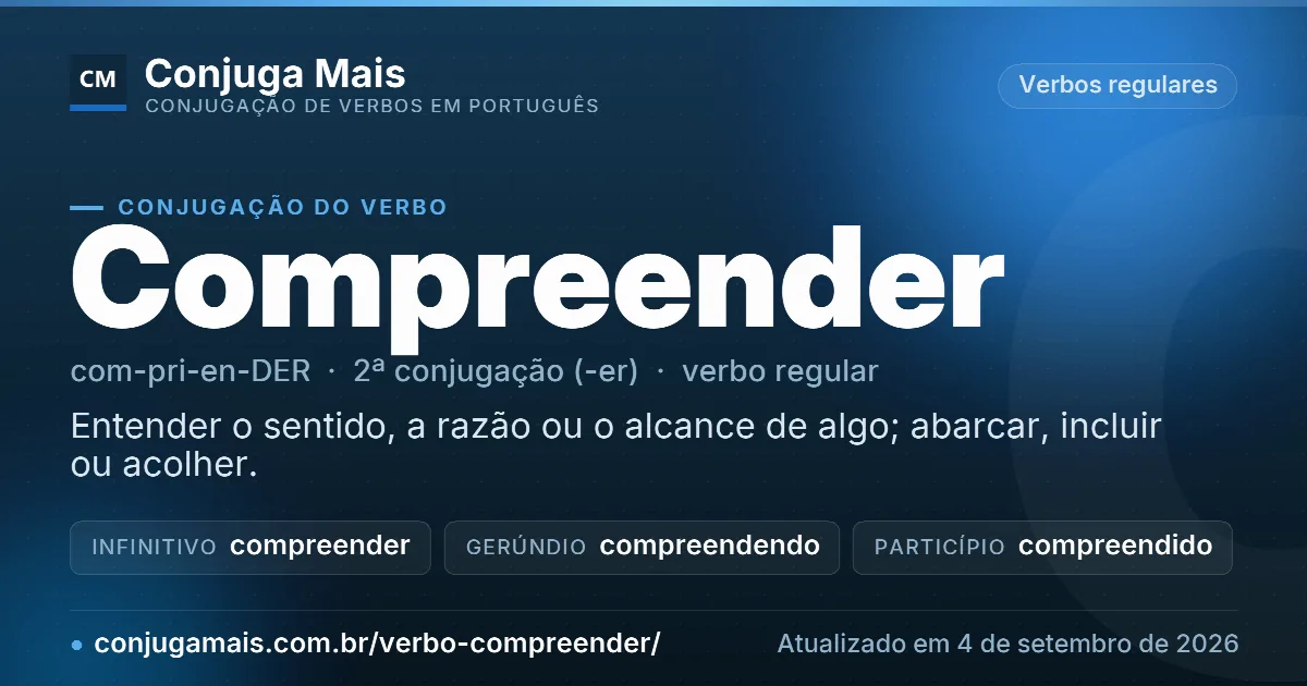 Cartão do verbo compreender com definição, formas principais, endereço da página e data de atualização.