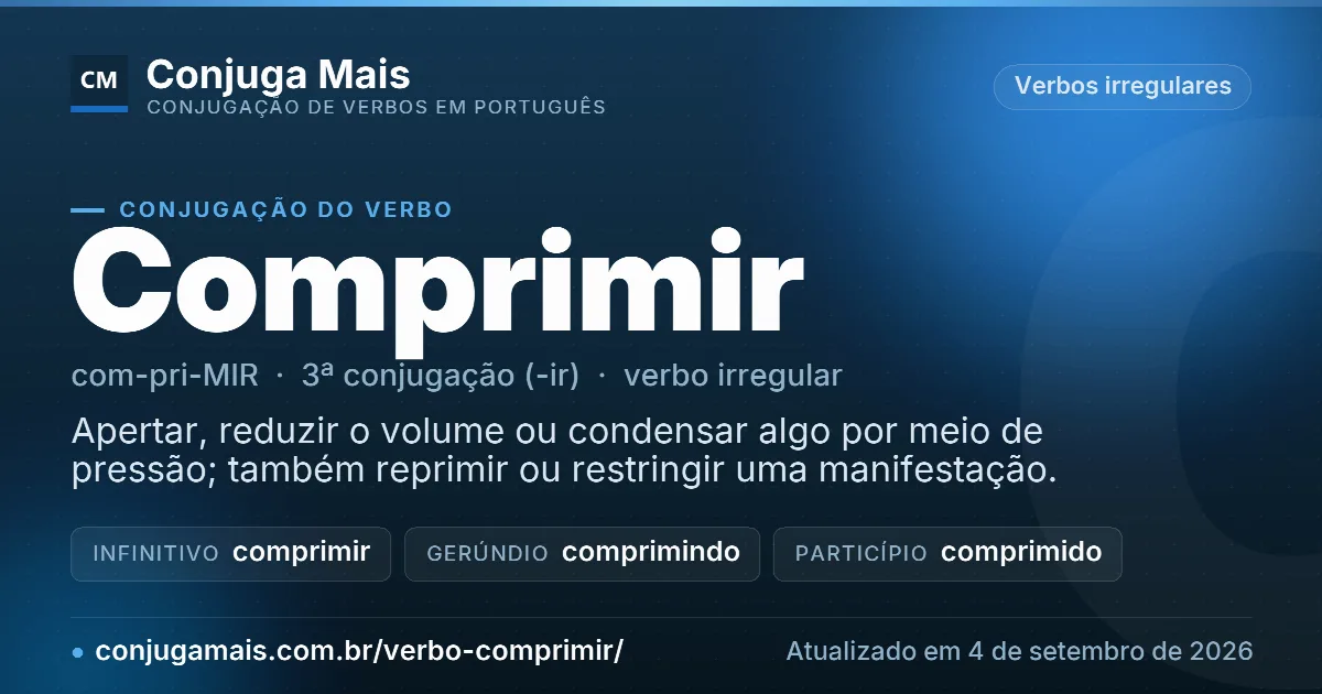 Cartão do verbo comprimir com definição, formas principais, endereço da página e data de atualização.
