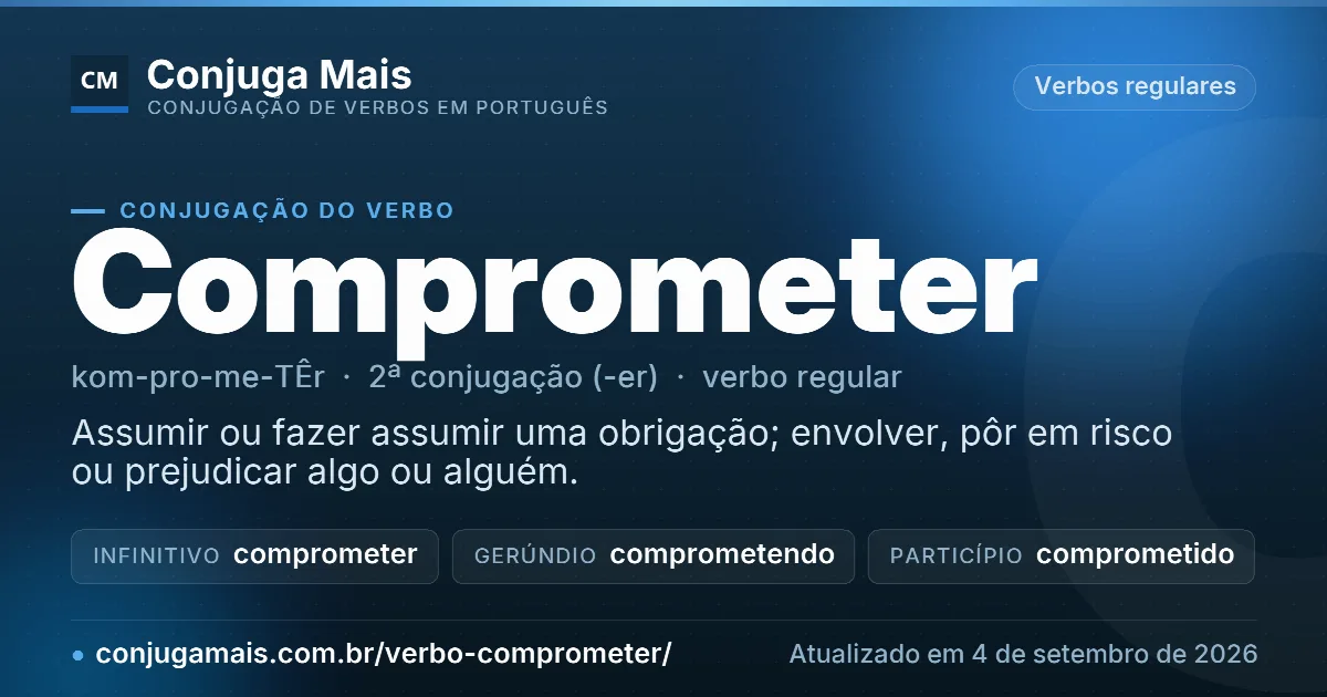 Cartão do verbo comprometer com definição, formas principais, endereço da página e data de atualização.