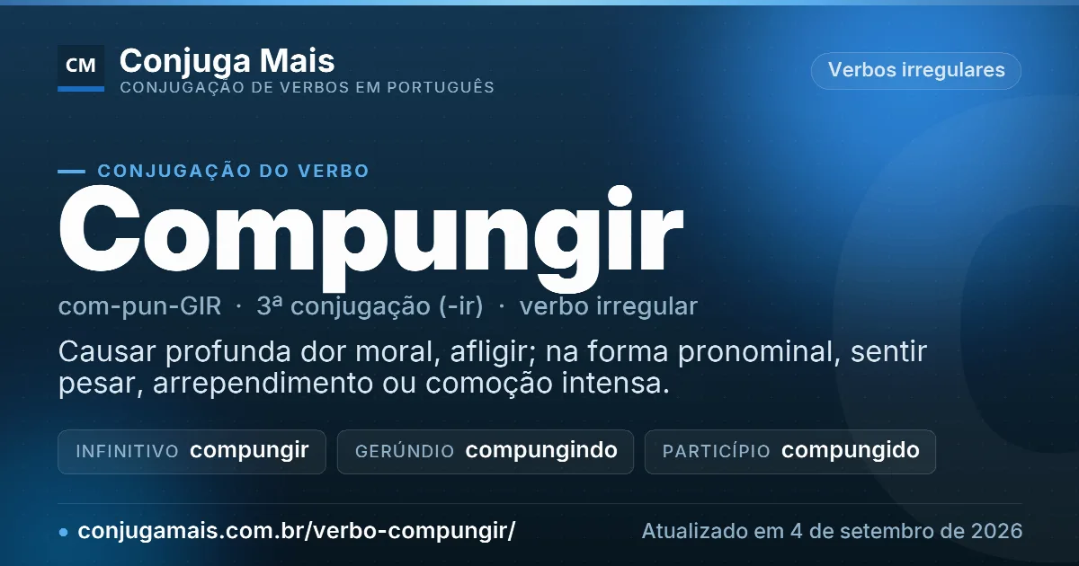 Cartão do verbo compungir com definição, formas principais, endereço da página e data de atualização.