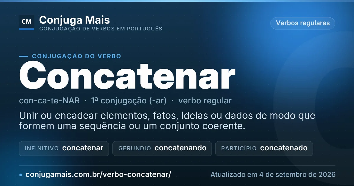 Cartão do verbo concatenar com definição, formas principais, endereço da página e data de atualização.
