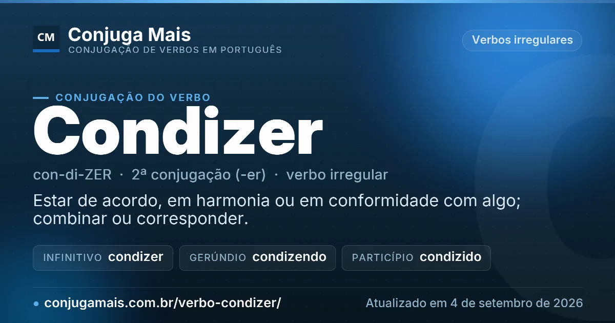 Cartão do verbo condizer com definição, formas principais, endereço da página e data de atualização.