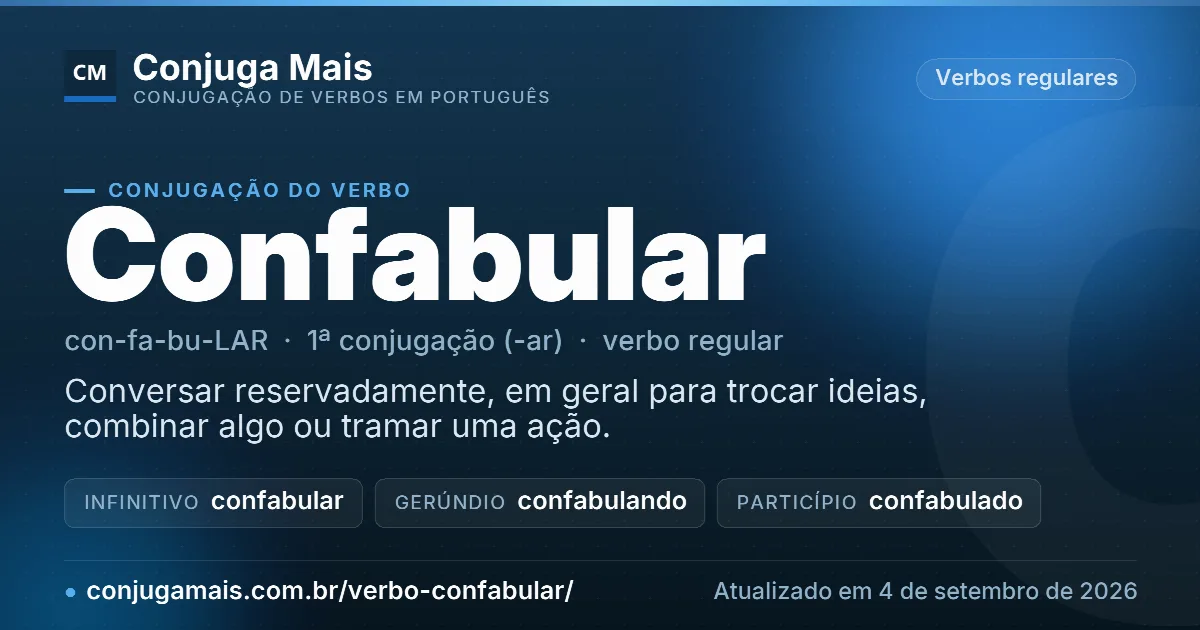 Cartão do verbo confabular com definição, formas principais, endereço da página e data de atualização.