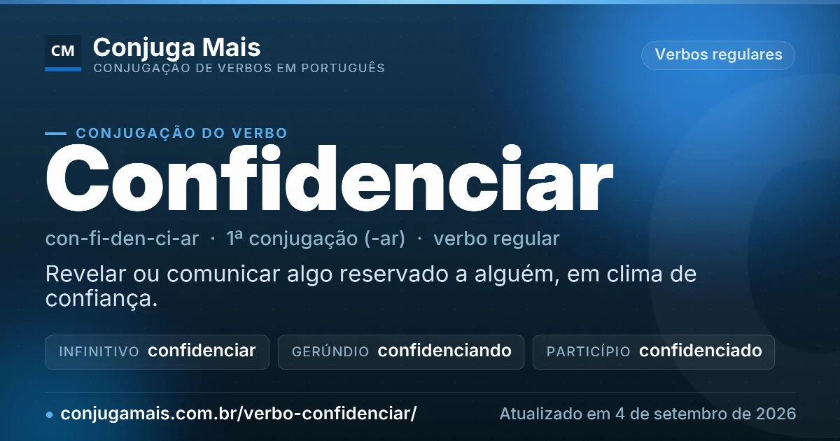 Cartão do verbo confidenciar com definição, formas principais, endereço da página e data de atualização.
