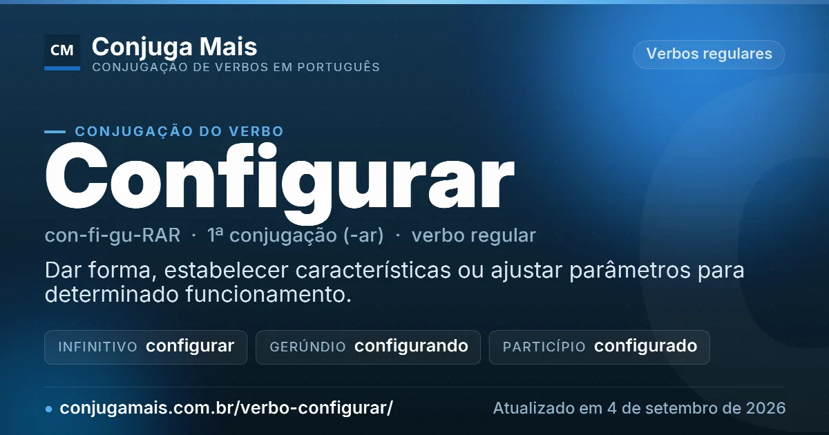 Cartão do verbo configurar com definição, formas principais, endereço da página e data de atualização.