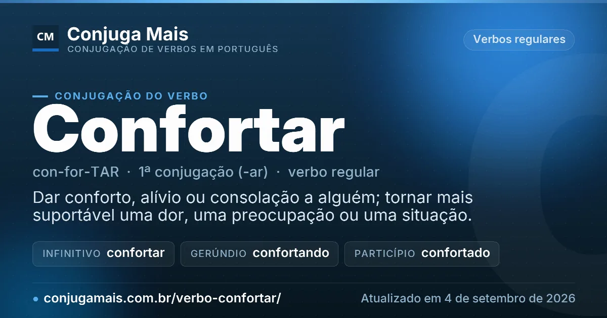 Cartão do verbo confortar com definição, formas principais, endereço da página e data de atualização.