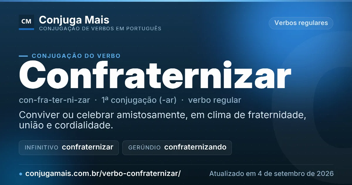 Cartão do verbo confraternizar com definição, formas principais, endereço da página e data de atualização.