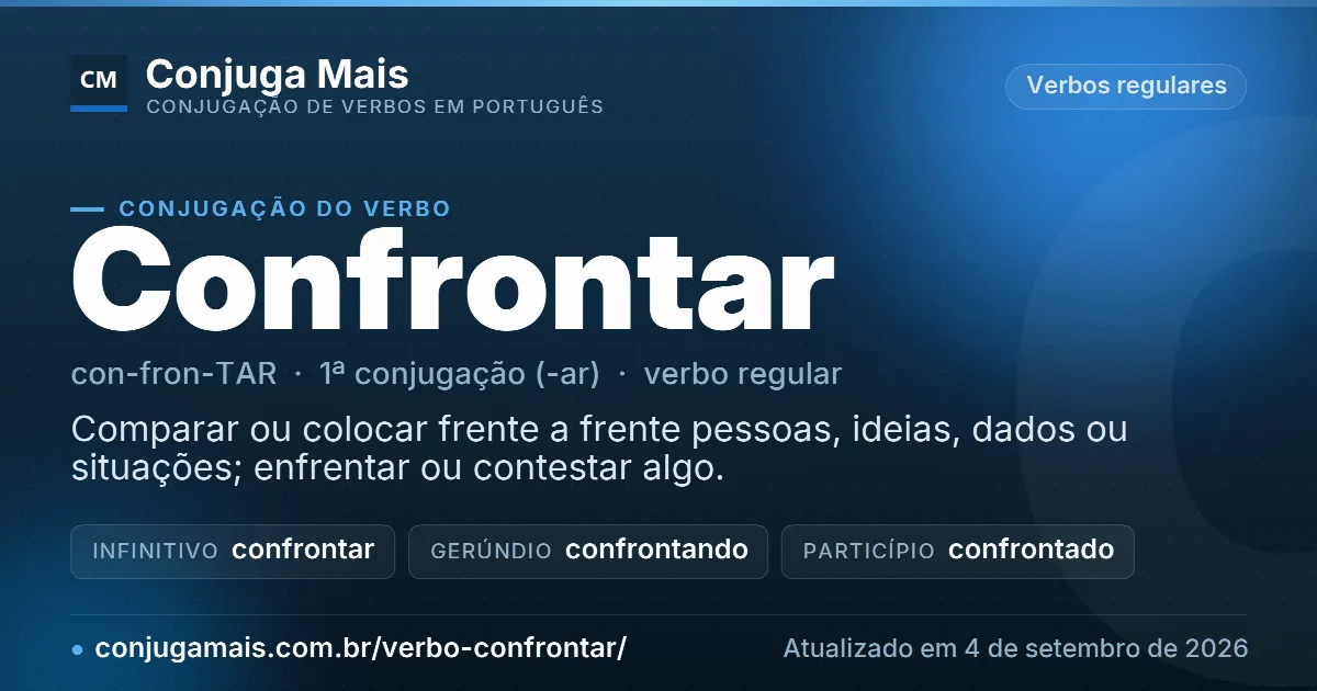 Cartão do verbo confrontar com definição, formas principais, endereço da página e data de atualização.