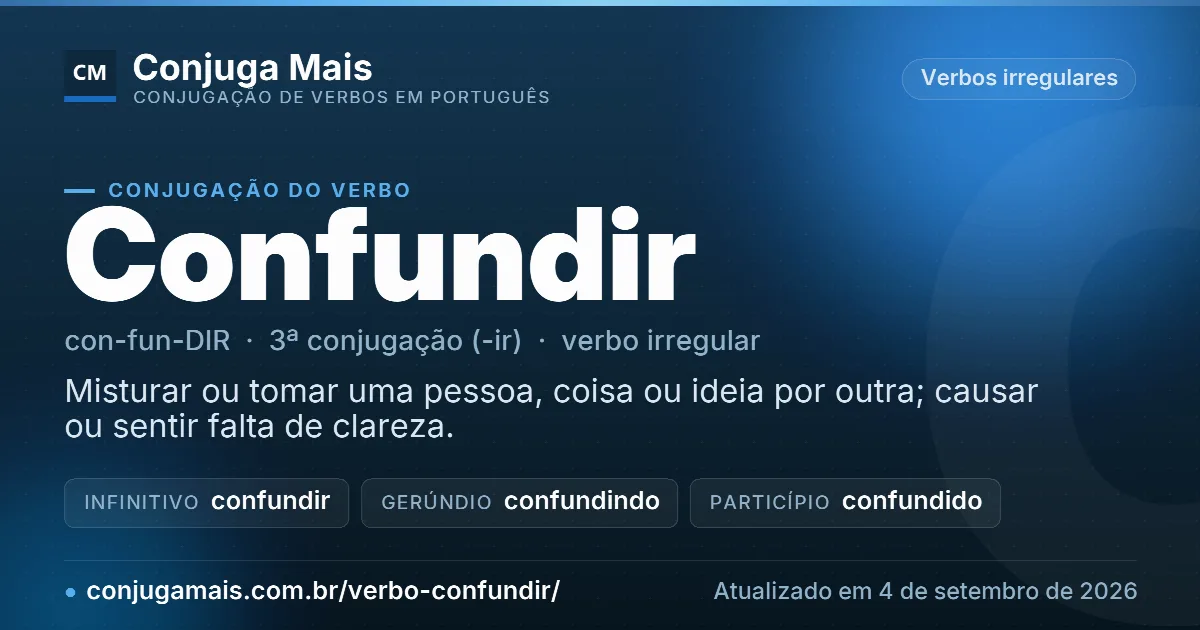 Cartão do verbo confundir com definição, formas principais, endereço da página e data de atualização.