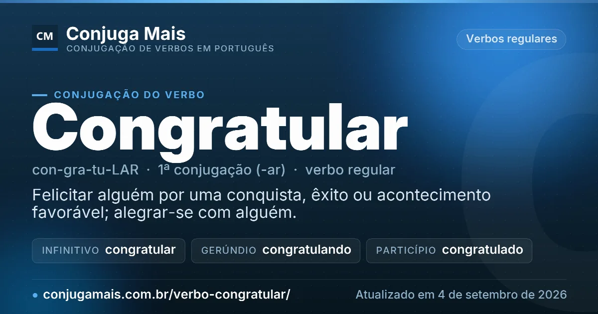 Cartão do verbo congratular com definição, formas principais, endereço da página e data de atualização.