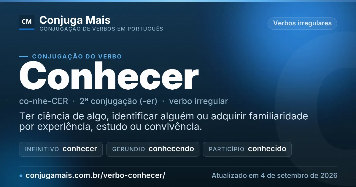 Cartão do verbo conhecer com definição, formas principais, endereço da página e data de atualização.