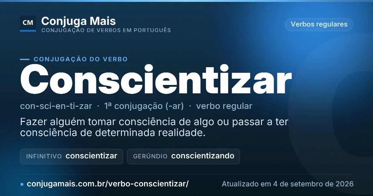 Cartão do verbo conscientizar com definição, formas principais, endereço da página e data de atualização.
