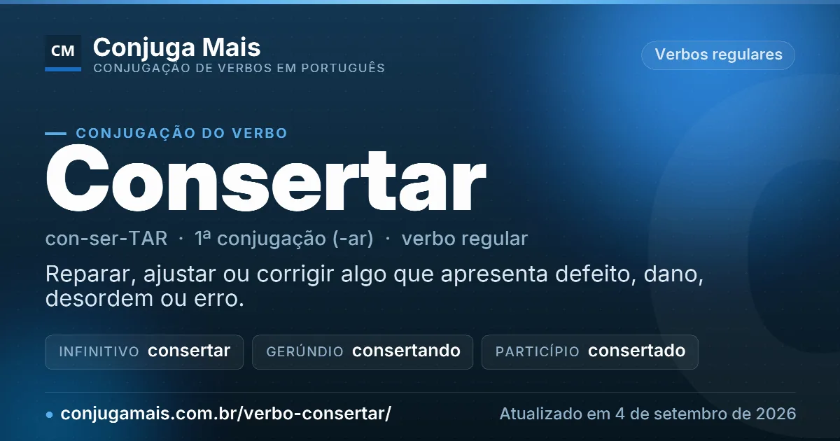 Cartão do verbo consertar com definição, formas principais, endereço da página e data de atualização.